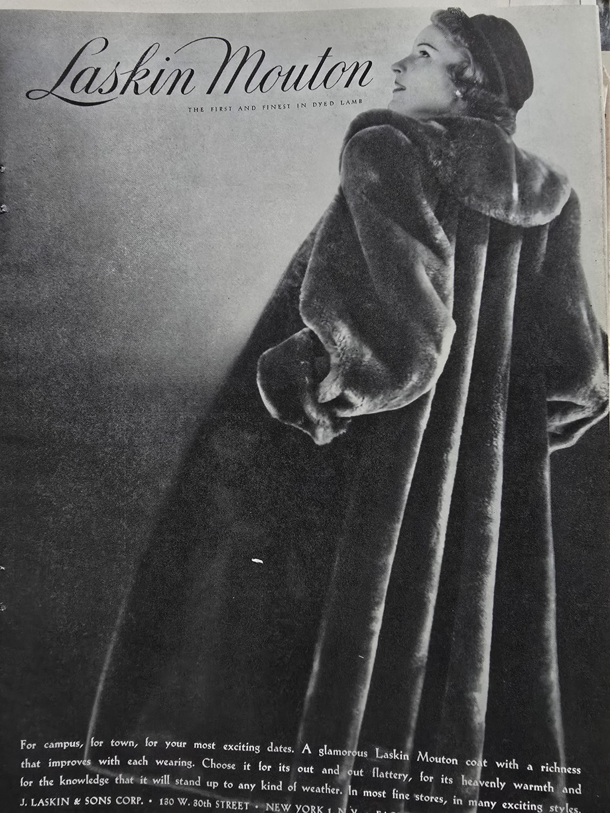 1948 Women\'s Laskin Mouton Dyed Lamb Fur Coat Hat Vintage Fashion Ad 