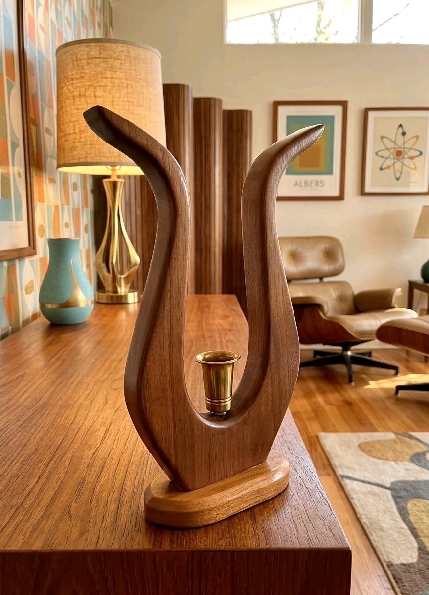 Mid-Century Danish Walnut Sculpted Wood Candle Stick Holder - MCM Mid-Century Danish Walnut Sculpted Wood Candle Stick Holder - MCM