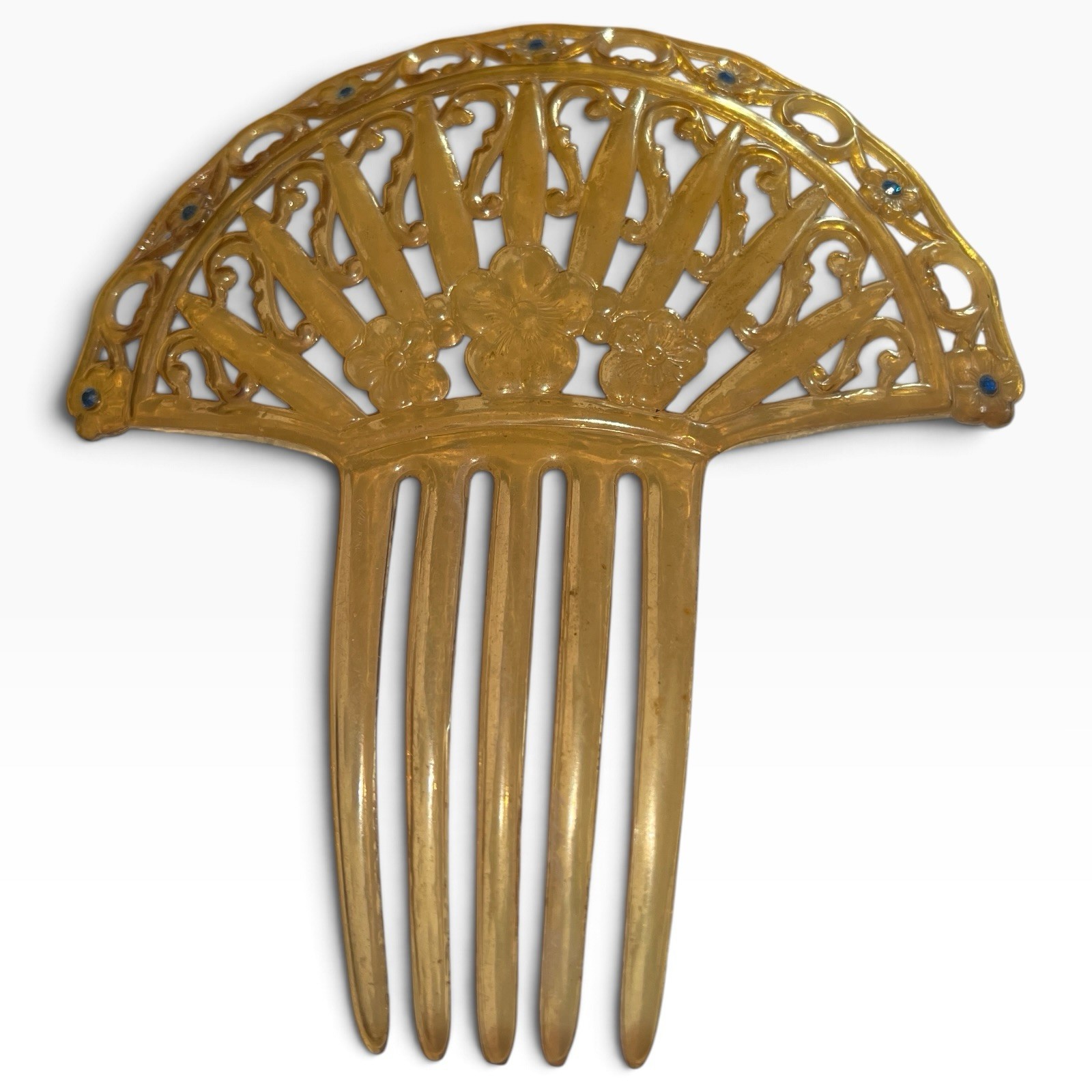 Antique Edwardian Amber Celluloid Hair Comb Blue Rhinestones c1900 6.25”