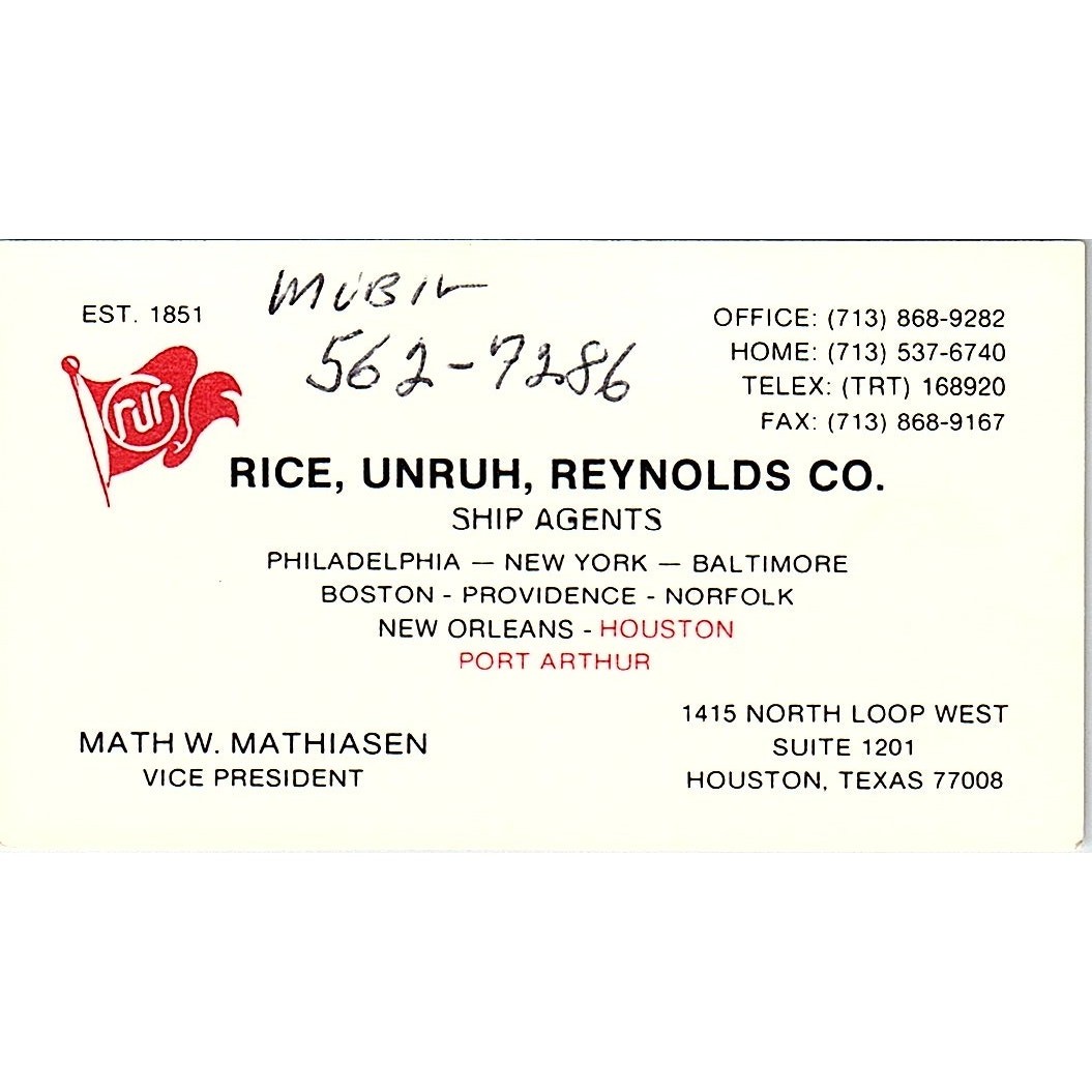 Math W Mathiasen Rice, Unruh, Reynolds Co Houston Vintage Business Card SC9-B1 Math W Mathiasen Rice, Unruh, Reynolds Co Houston Vintage Business Card SC9-B1