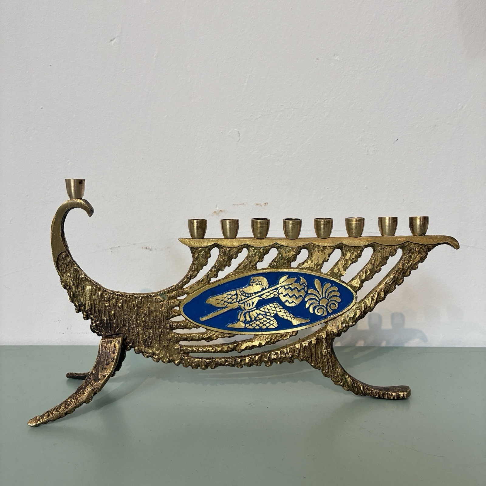 Vintage Brass Ship Hanukkah Menorah 9-Candle Holder / Blue green Enamel Panels Vintage Brass Ship Hanukkah Menorah 9-Candle Holder / Blue green Enamel Panels