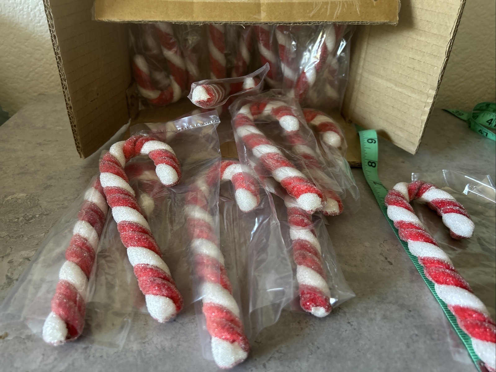 20- NOS Vintage Red White Sugar Coated Candy Cane Holiday Christmas Ornaments 6”