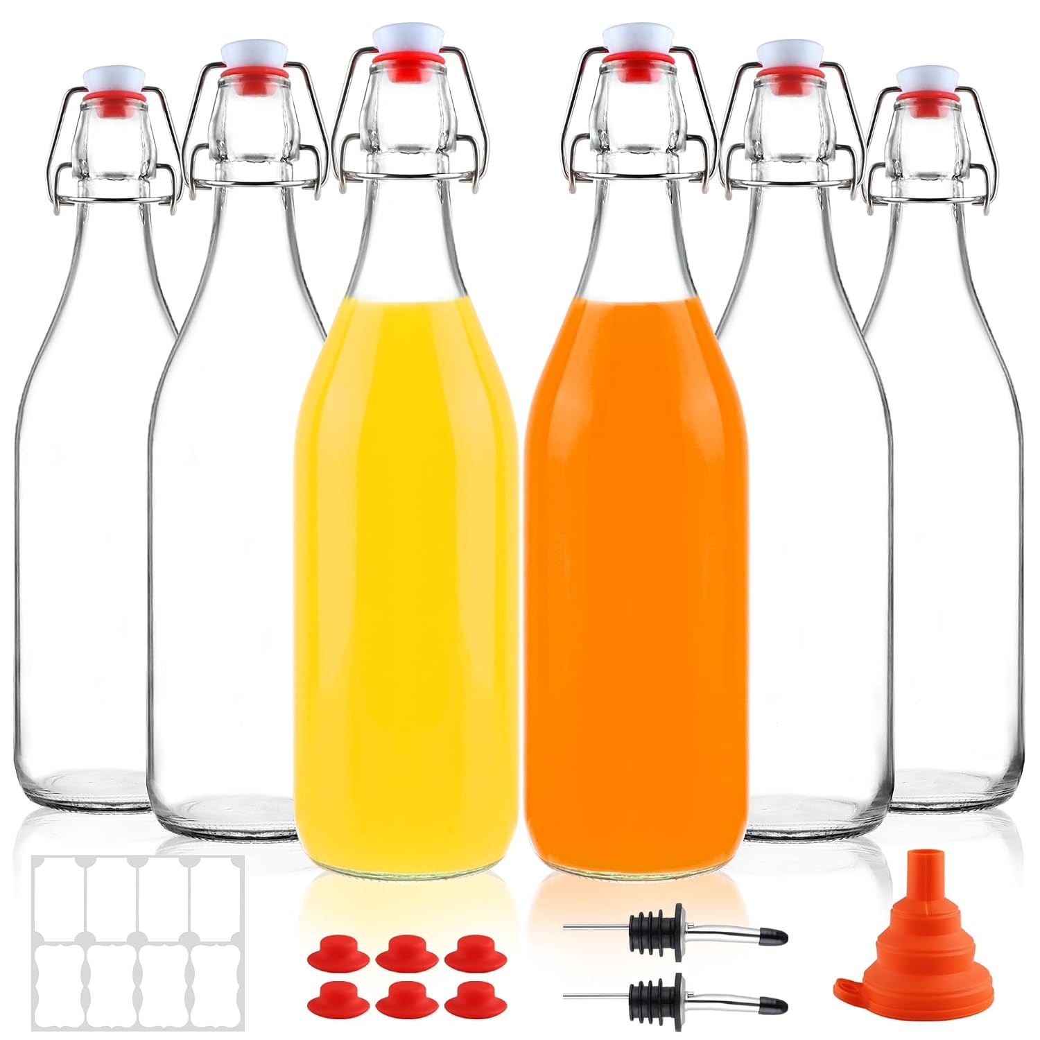 Paquete de 6 botellas de vidrio con tapa oscilante de 1 litro, botellas de prepa