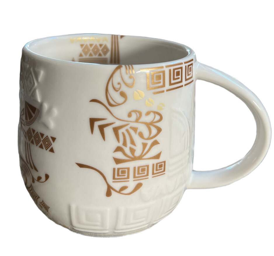 Starbucks 2012 Coffee Mug Three Regions Gold White Embossed Bone China