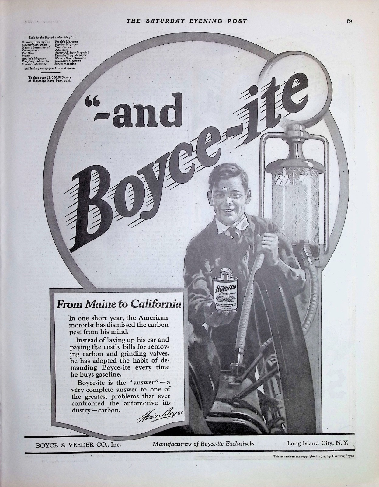 Original 1924 Boyce-ite Ad: Carbon Pest Gas Pump Attendant Maine California Ad