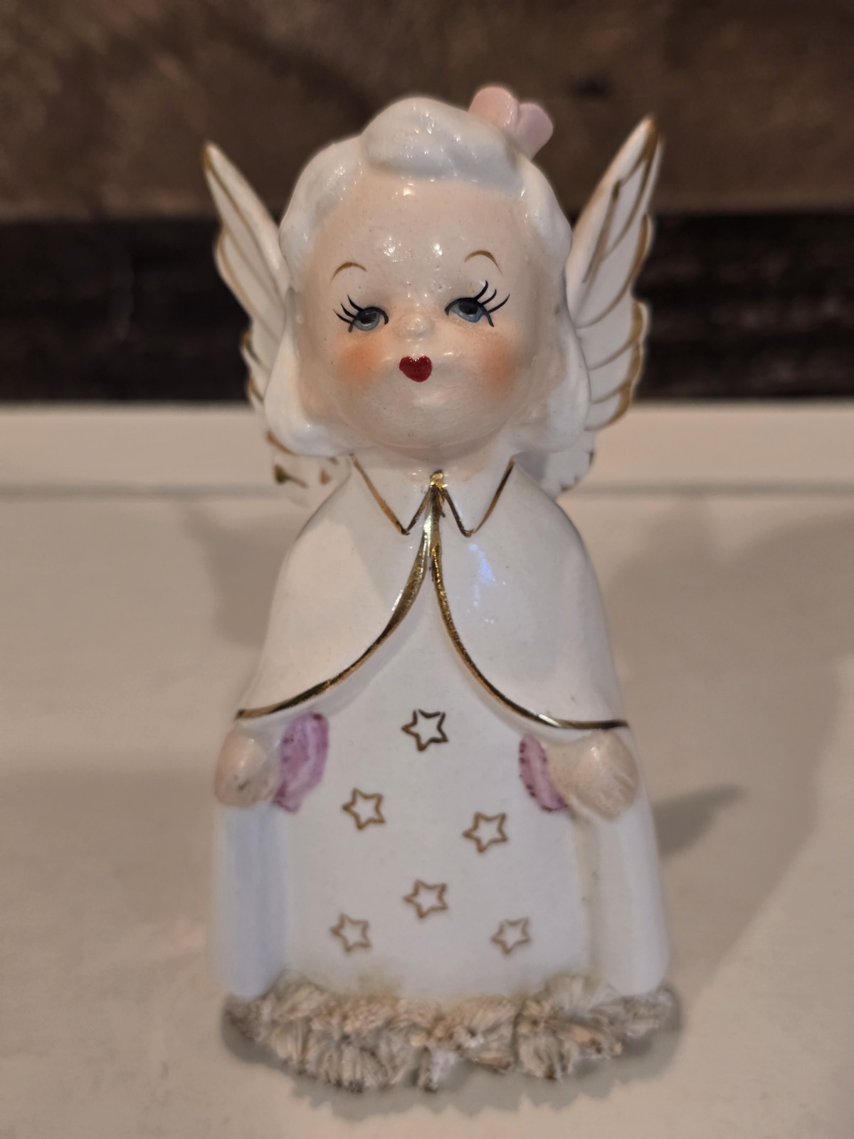 Vintage 1950s Japan Artart Ceramic Angel Figurine Spaghetti Trim Arms Outstretch