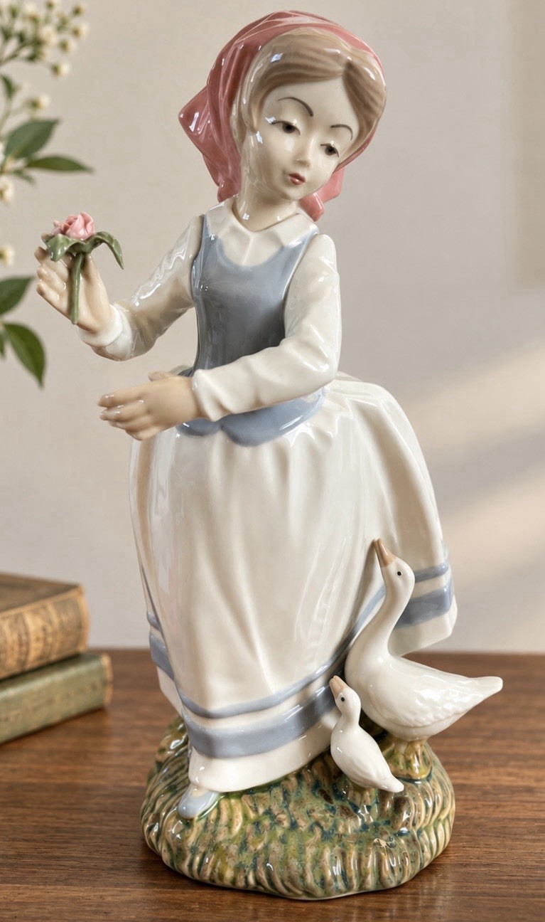 Vintage Tengra Spain Porcelain Girl With Geese Figurine Rose Valencia Handmade Vintage Tengra Spain Porcelain Girl With Geese Figurine Rose Valencia Handmade