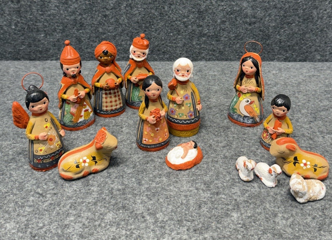 VTG RARE Set 14 Mexican Clay Folk Art Nativity Hand Painted Floral Christmas 4” VTG RARE Set 14 Mexican Clay Folk Art Nativity Hand Painted Floral Christmas 4”