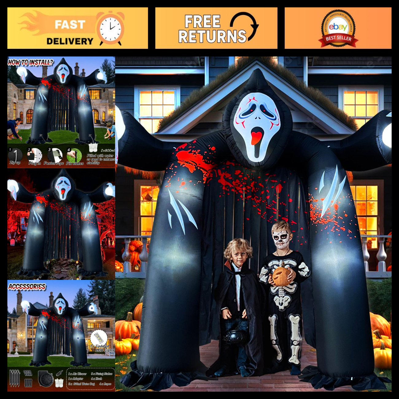 10FT Halloween Inflatable Archway with Ghost & LEDs - Spooky Yard Decor for Grav