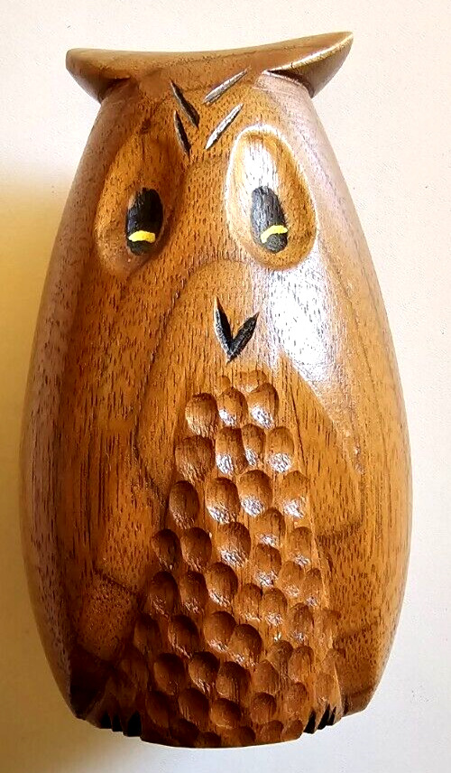Vintage Carved Wood Happy Owl Figurine 4.5 inches