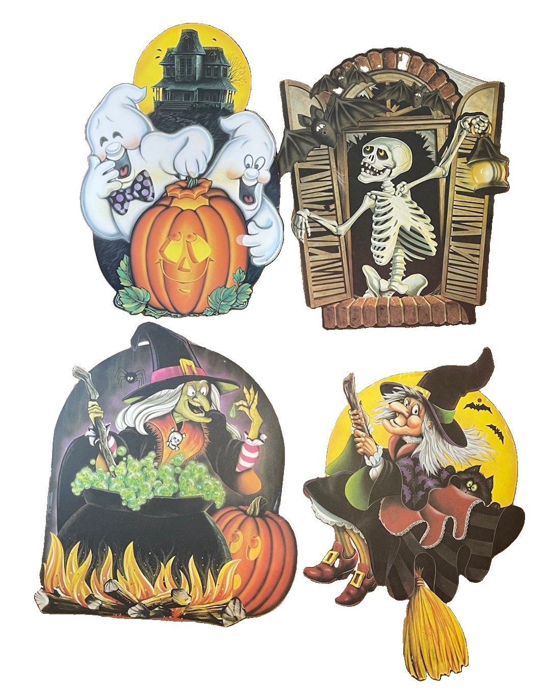 4 VTG 1983 Halloween Beistle Paper Die Cut Skeleton, Ghost, Witch Decorations 4 VTG 1983 Halloween Beistle Paper Die Cut Skeleton, Ghost, Witch Decorations