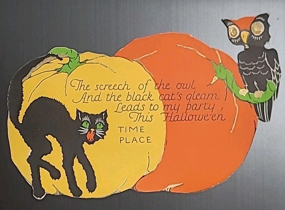 Vintage Halloween Invitation 1930s Beistle Postcard Black Cat Owl Pumpkin Vintage Halloween Invitation 1930s Beistle Postcard Black Cat Owl Pumpkin
