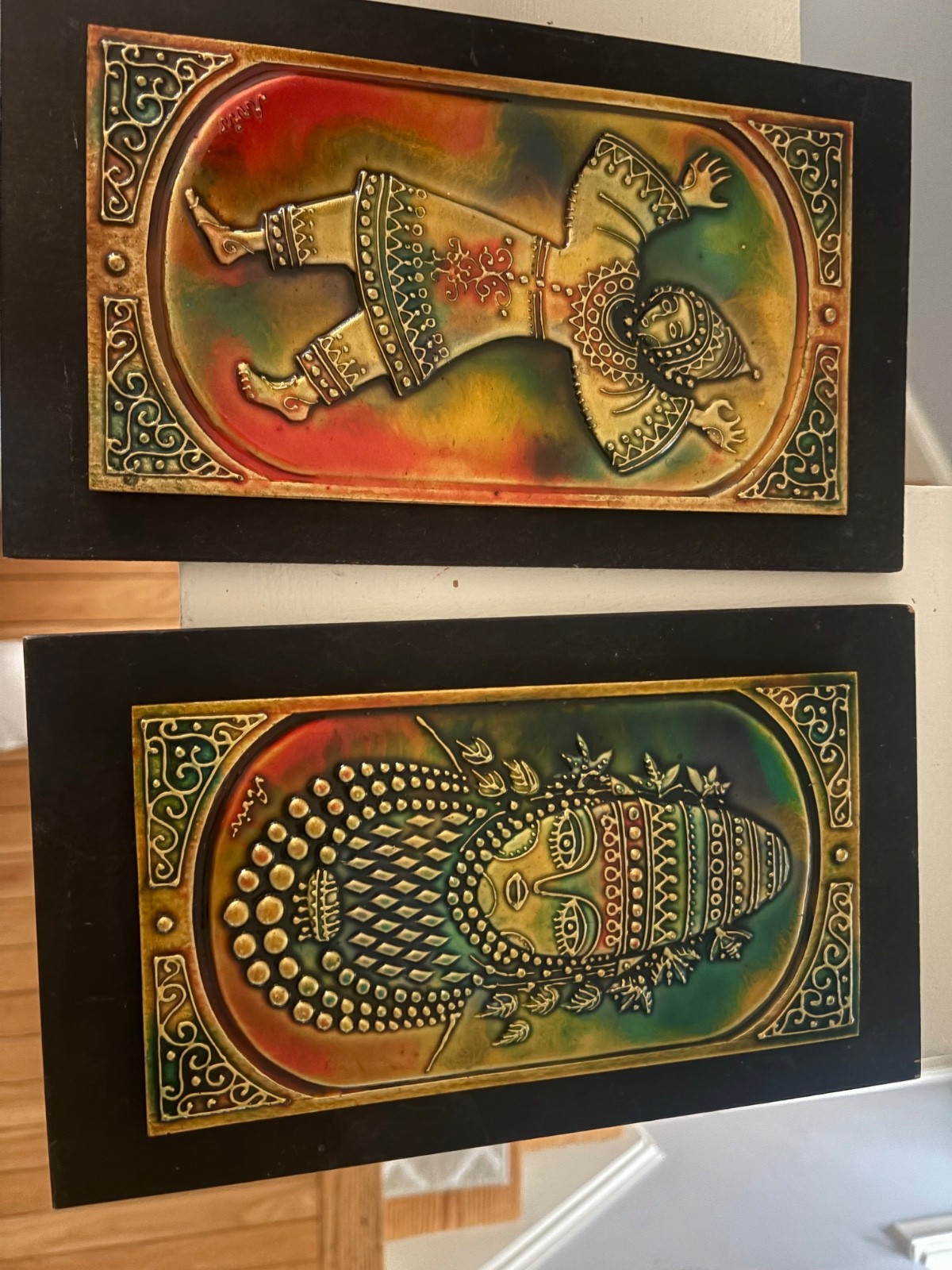 • Vintage Mid Century Hadar Aviv Israel Enamel on Metal Wood Wall Plaques Set of • Vintage Mid Century Hadar Aviv Israel Enamel on Metal Wood Wall Plaques Set of