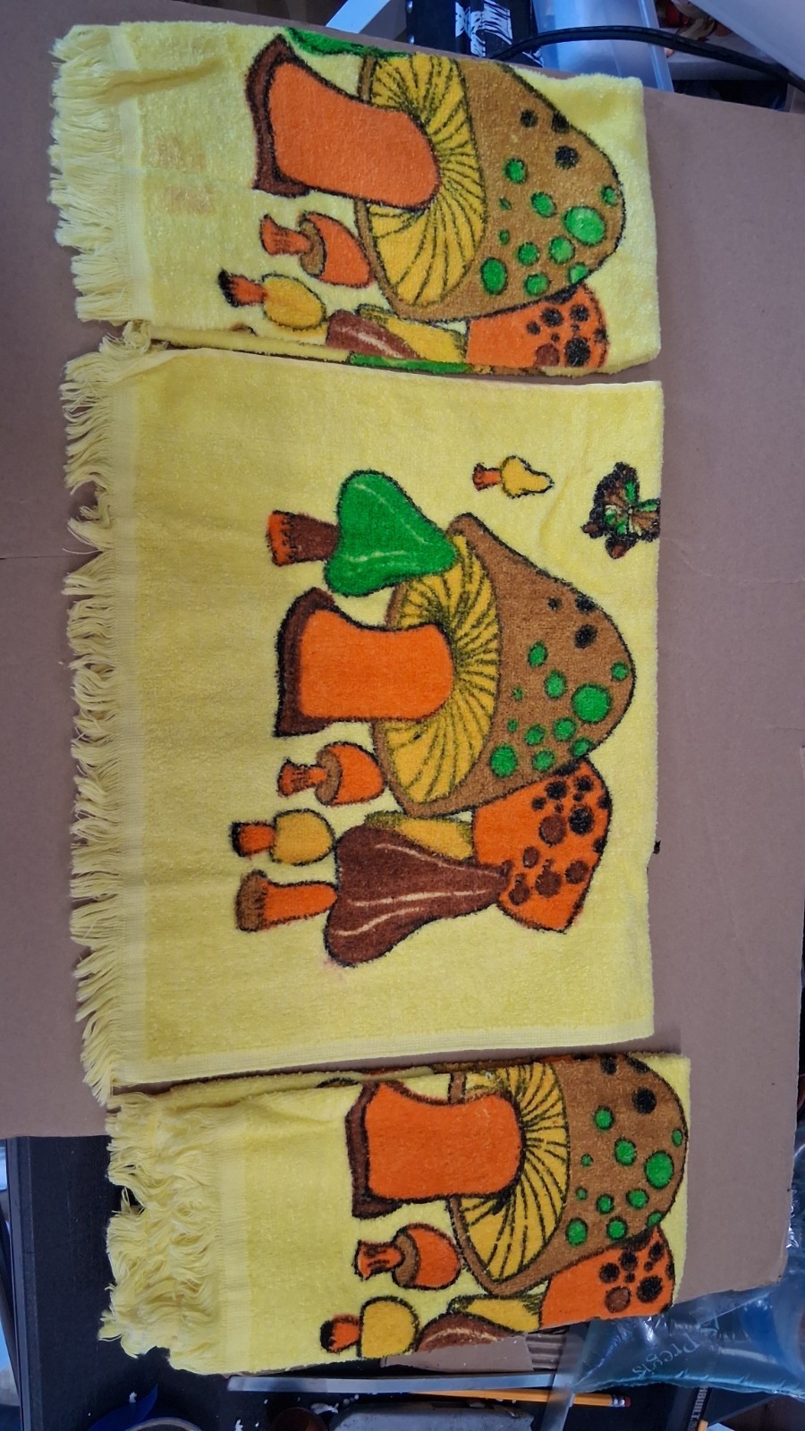 3x Yellow Cannon Mushroom Toadstool Fringe Hand Towel Terry Cloth Vintage 1970’s