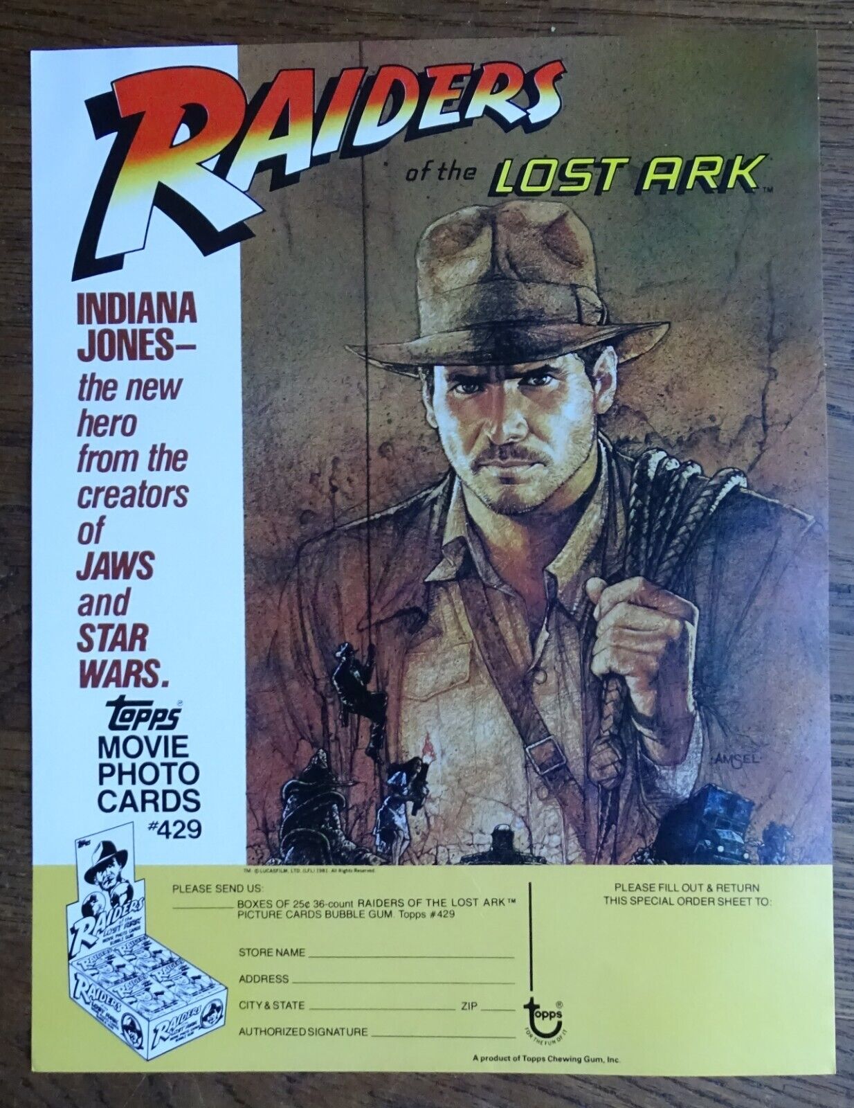 1981 Topps Raiders of the Lost Ark Sell Sheet (NO CARDS) Harrison Ford pictured 