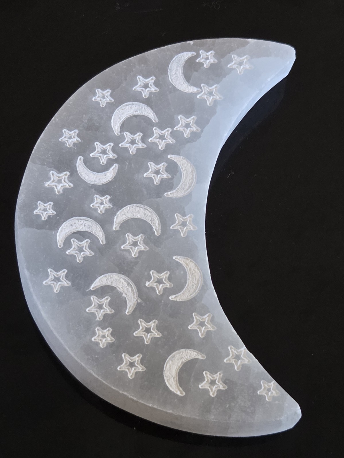 KCGS 10cm Selenite Crystal Crescent Moon (Moon & Stars Etched) MOROCCO KCGS 10cm Selenite Crystal Crescent Moon (Moon & Stars Etched) MOROCCO