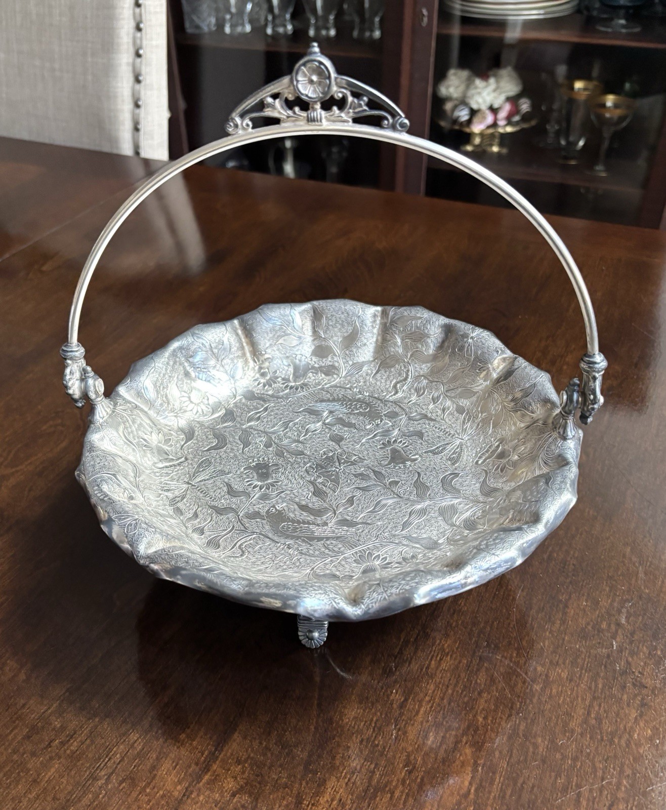 1880’s James W. Tufts Quadruple Plate Footed Bridal Basket Butterflies & Birds 1880’s James W. Tufts Quadruple Plate Footed Bridal Basket Butterflies & Birds