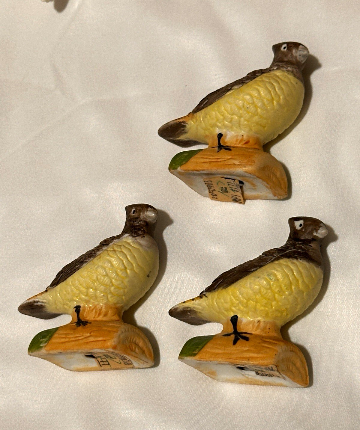 Vintage Set of 3 Ceramic Quail Bird Figurines Brown & Yellow on Base Vintage Set of 3 Ceramic Quail Bird Figurines Brown & Yellow on Base