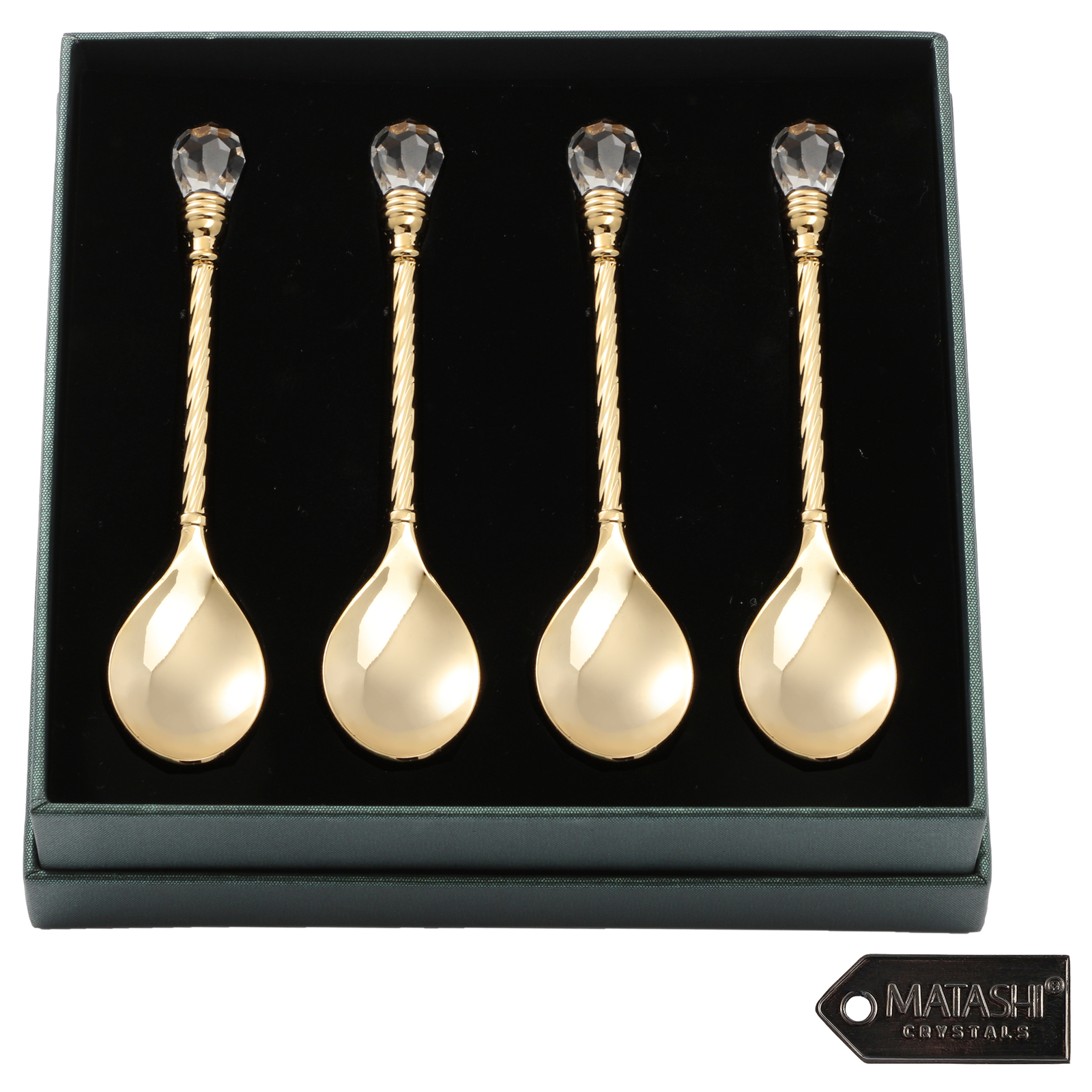 (QTY 4)Matashi 24K Gold Plated Crystal Topped Dessert Spoon for Dinner Party