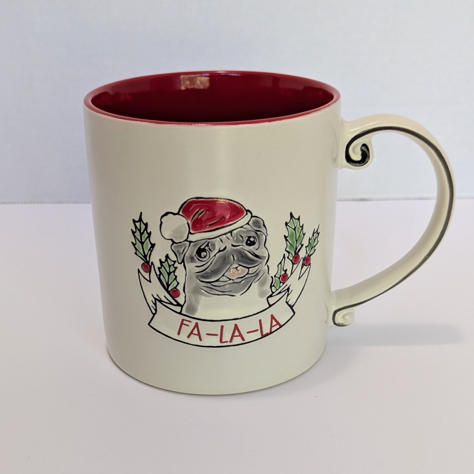 InHomeStylez Chirstmas Pug Dog Coffee Mug Fa-la-la Red Interior 4.5 \ InHomeStylez Chirstmas Pug Dog Coffee Mug Fa-la-la Red Interior 4.5 \