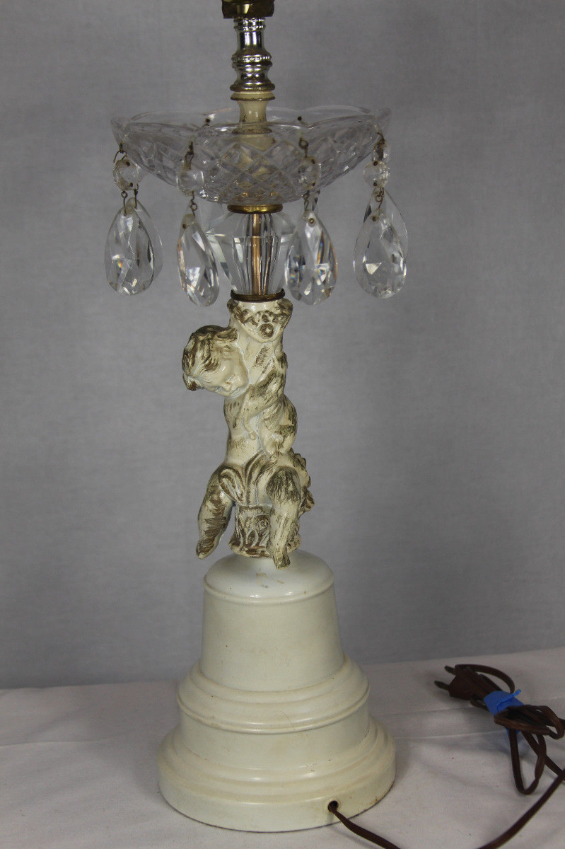 Vintage Lamp with Brilliant Crystal Prisms & Cherub Boy Figurine Holding Torch