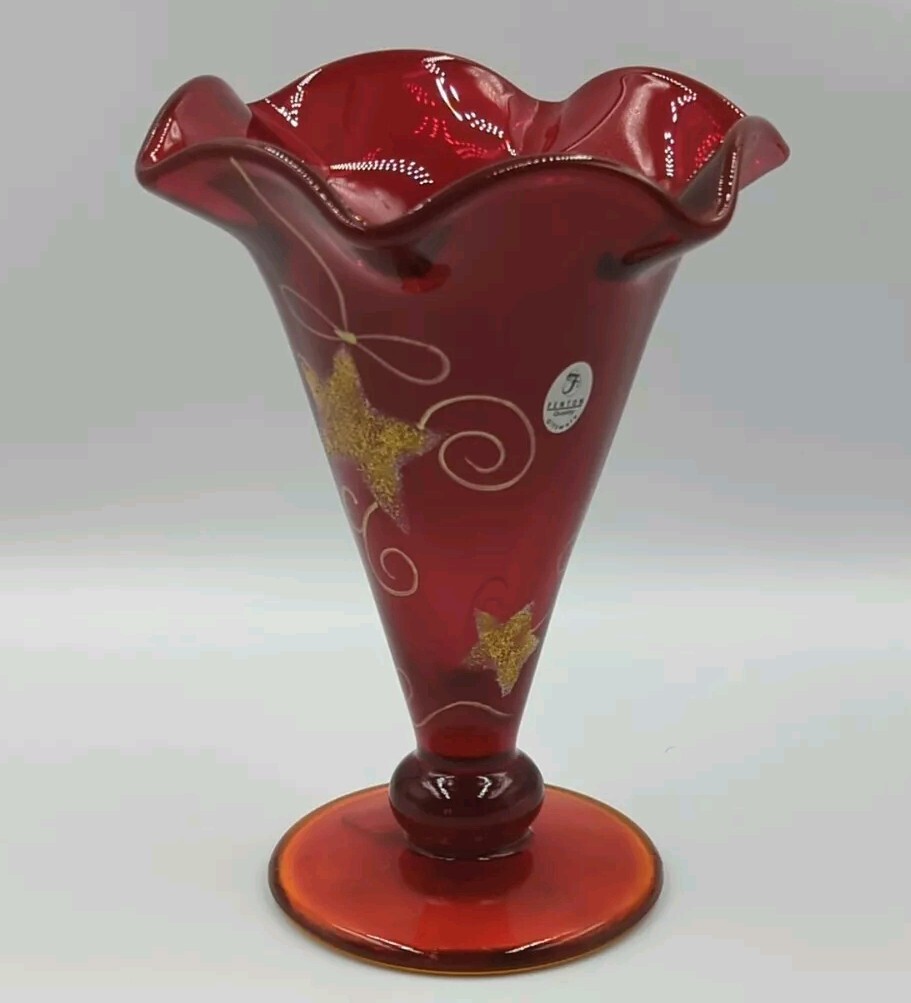 Vintage Fenton Ruby Red Glass Hand Painted Gold Star And Ribbon Vase Signed Vintage Fenton Ruby Red Glass Hand Painted Gold Star And Ribbon Vase Signed