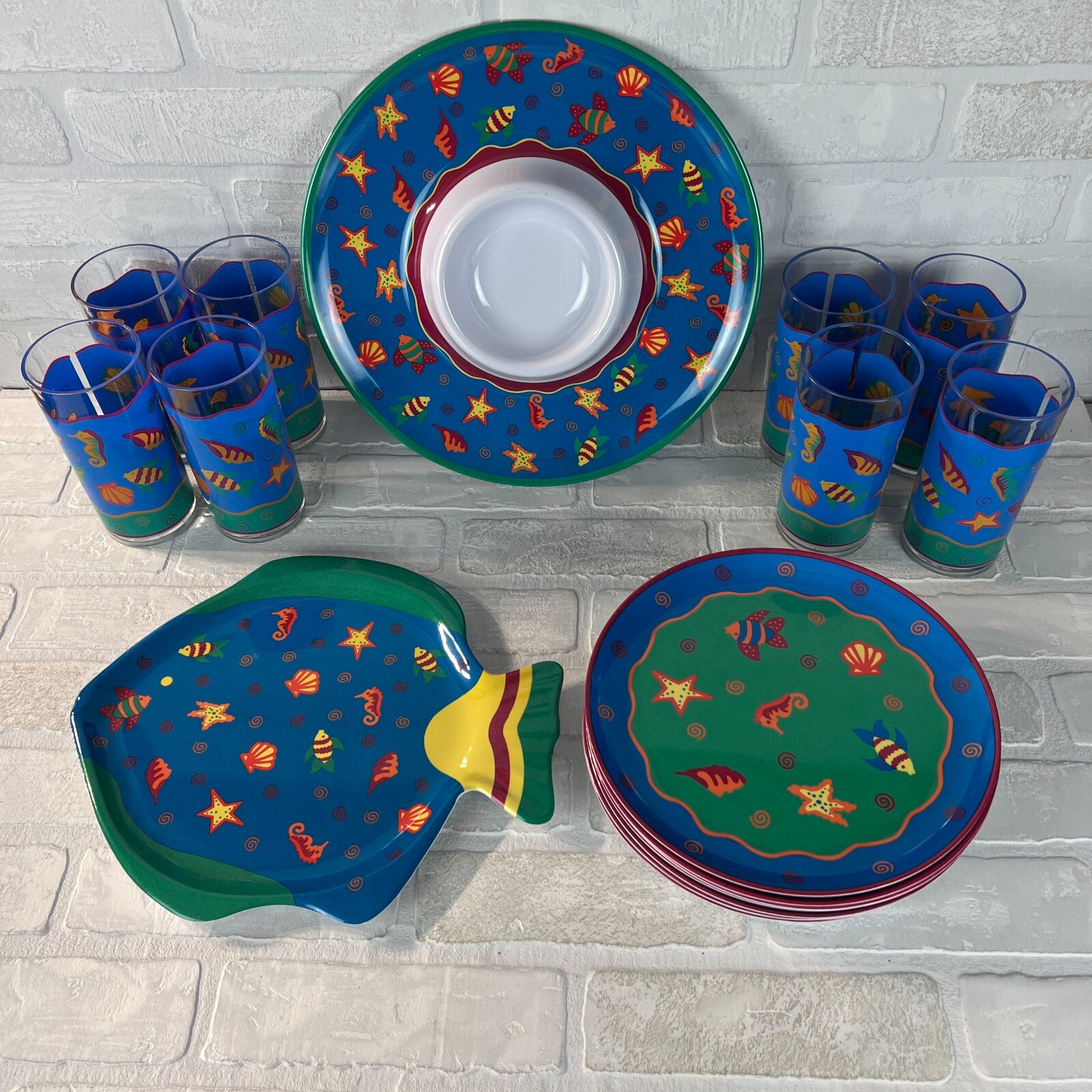 Vintage 1992 Leahy Designs Set Plastic Fish Glasses Plates Serving Dishes RARE