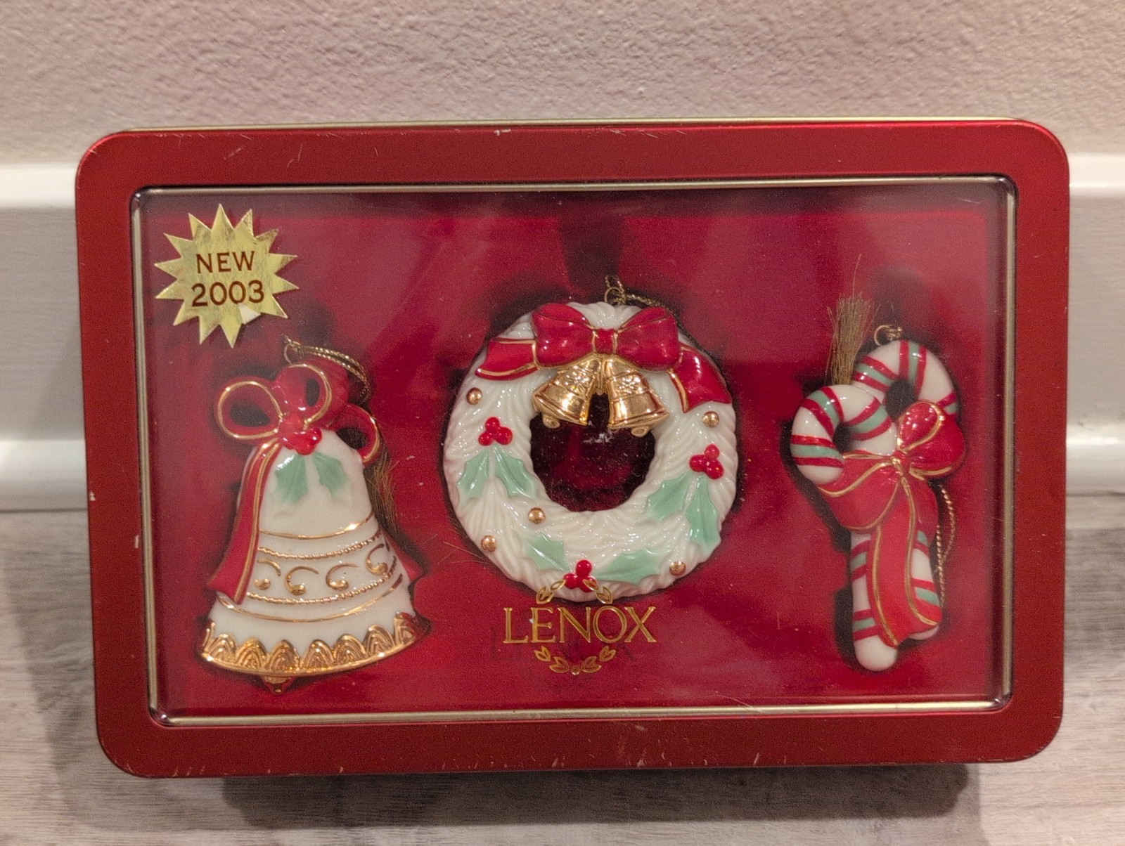 Lenox 2003 the box set wreath, candy cane, bell, New in original tin Lenox 2003 the box set wreath, candy cane, bell, New in original tin