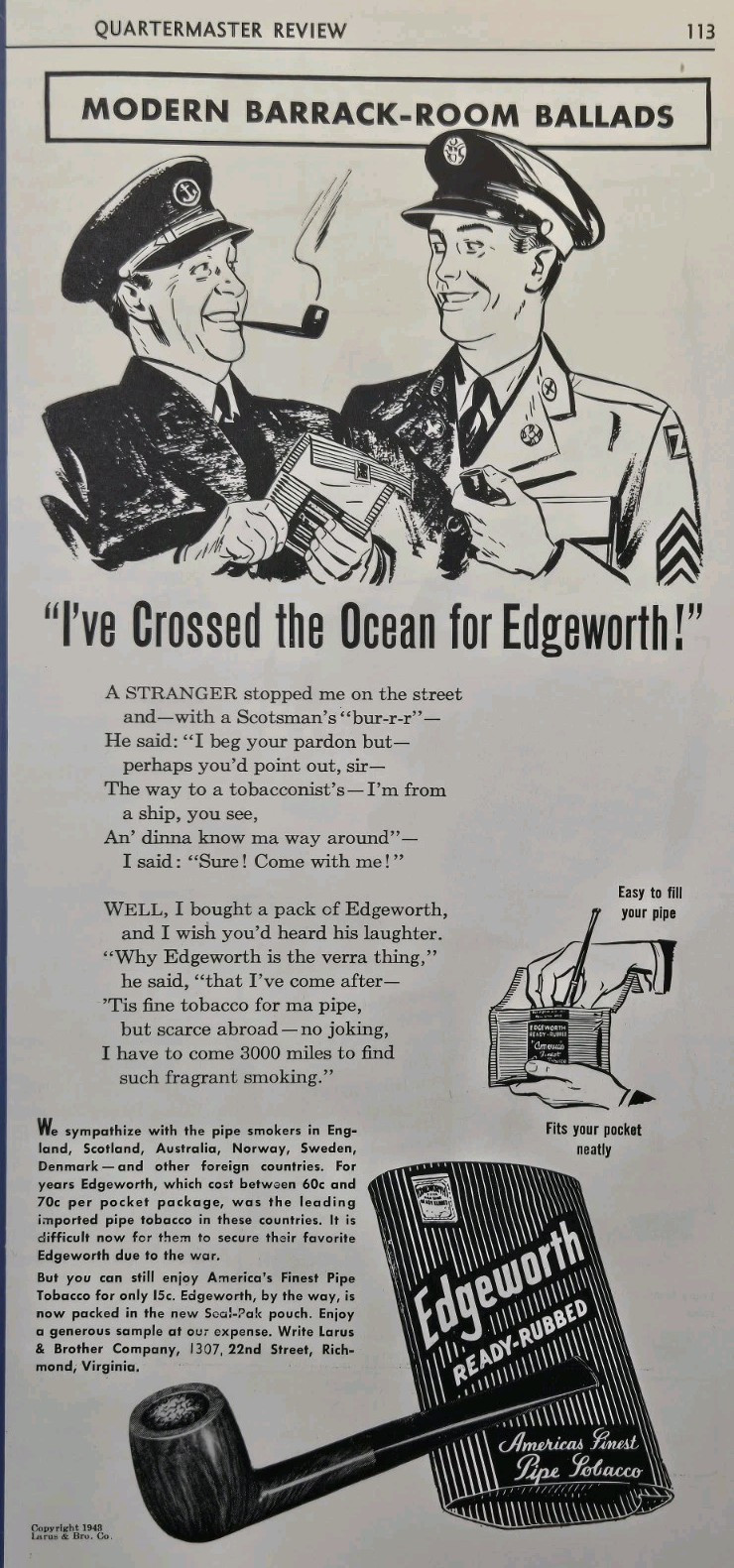 Edgeworth Ready-Rubbed Pipe Tobacco Army Barracks Balad Vintage Print Ad 1943