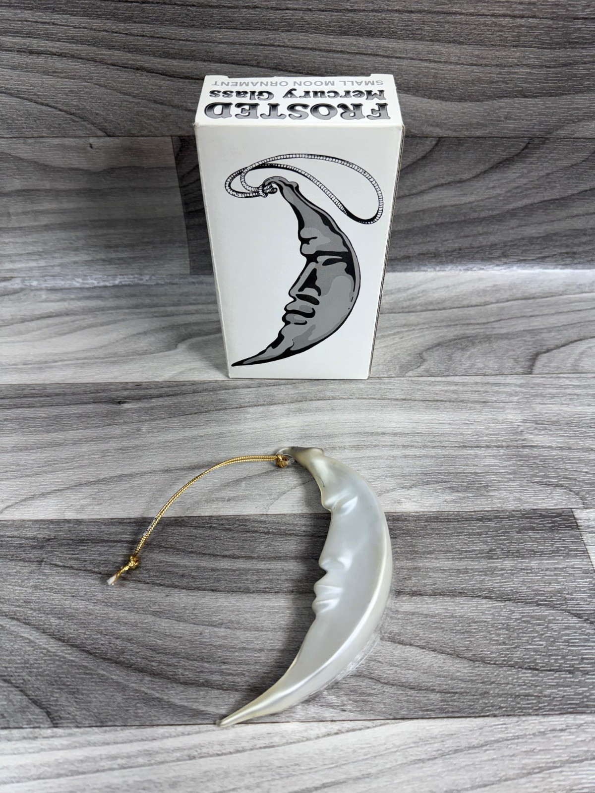 VINTAGE DEPT 56 FROSTED MERCURY GLASS SMALL MOON ORNAMENT SHINY / MATTE WITH BOX VINTAGE DEPT 56 FROSTED MERCURY GLASS SMALL MOON ORNAMENT SHINY / MATTE WITH BOX