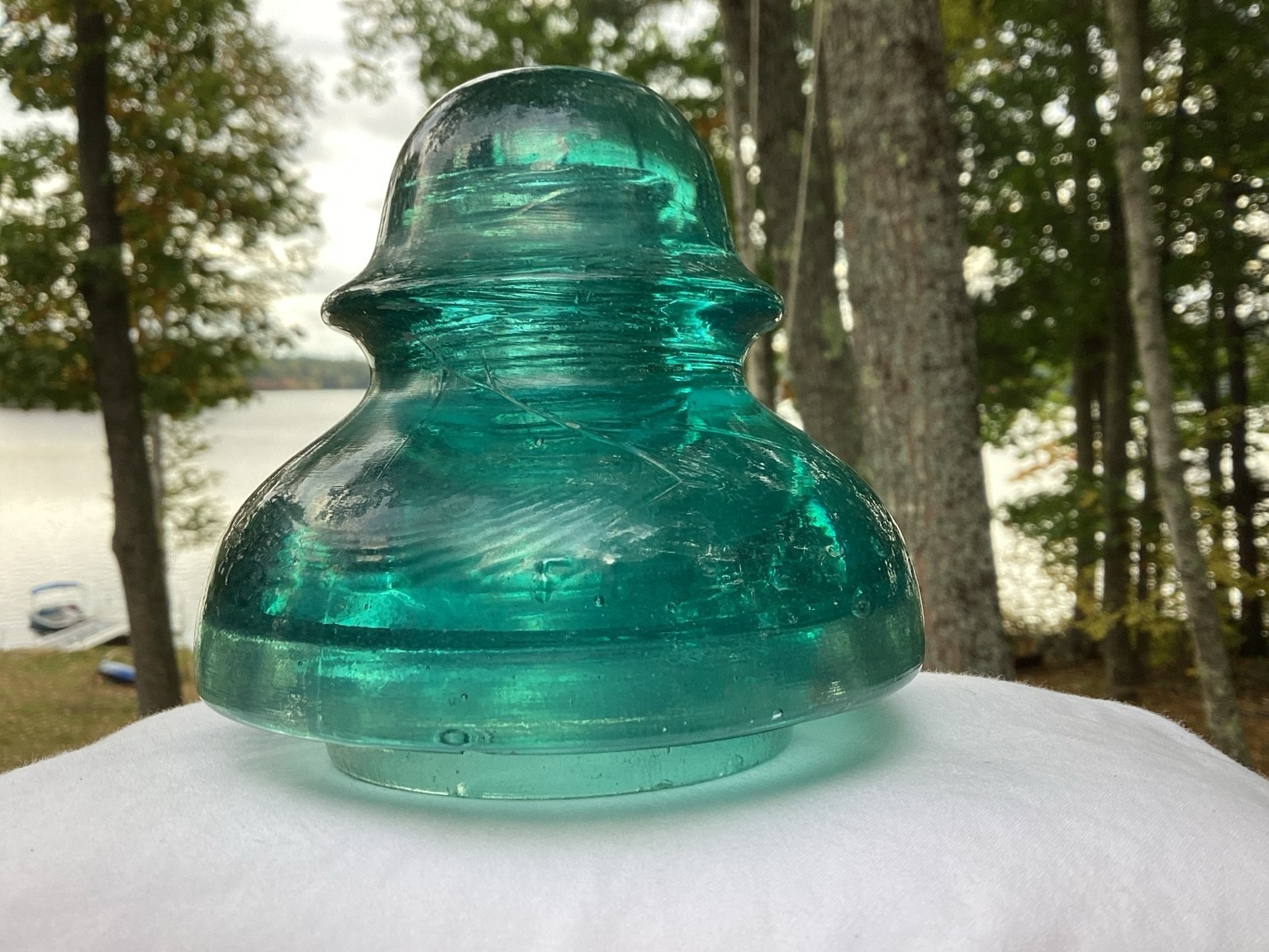 Antique F.M. Locke N-15 CD 287 Teal Aqua Glass Insulator Dome 3 Bubbles