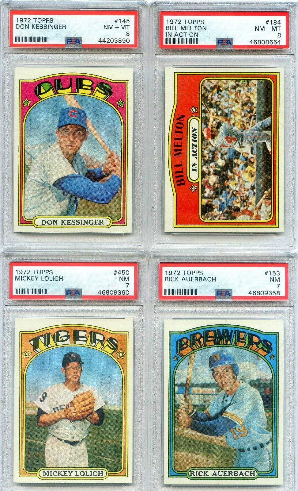 1972 Topps lot (4) Kessinger (CUBS) Melton IA Auerbach Lolich PSA 8\'s and 7\'s 