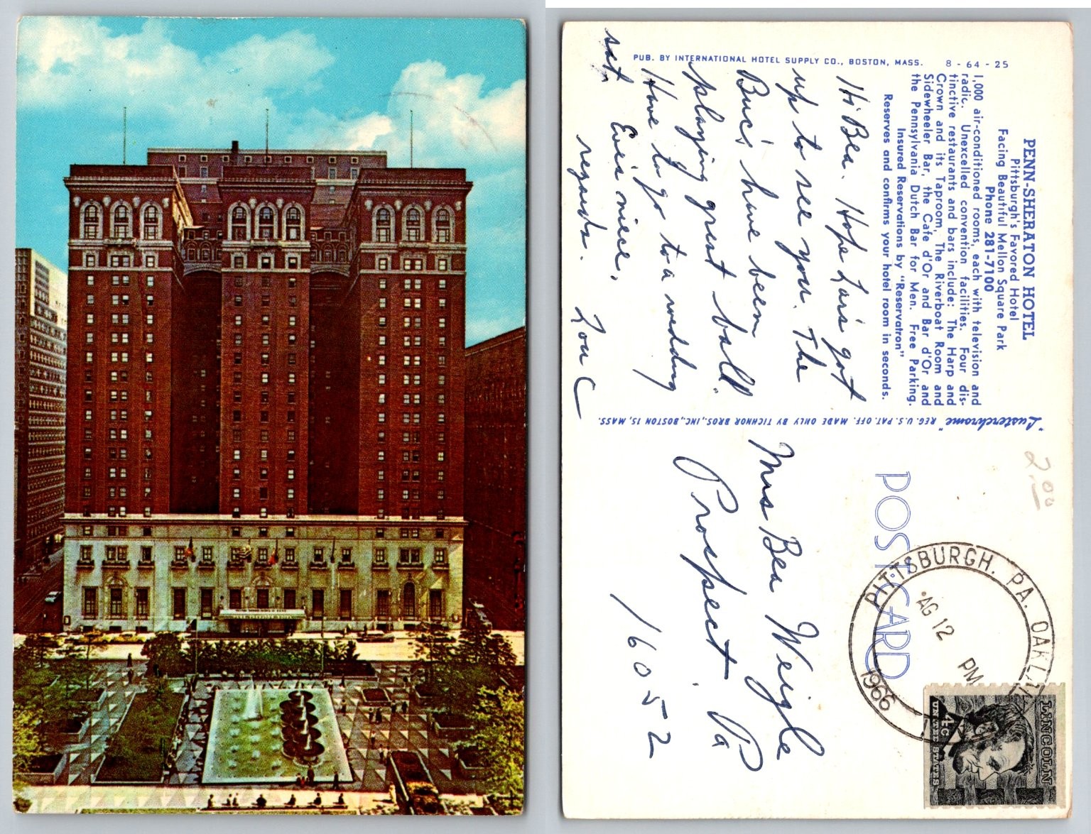 1966 Penn-Sheraton Hotel Pittsburgh PA Lusterchrome Postcard Mellon Square Park 1966 Penn-Sheraton Hotel Pittsburgh PA Lusterchrome Postcard Mellon Square Park