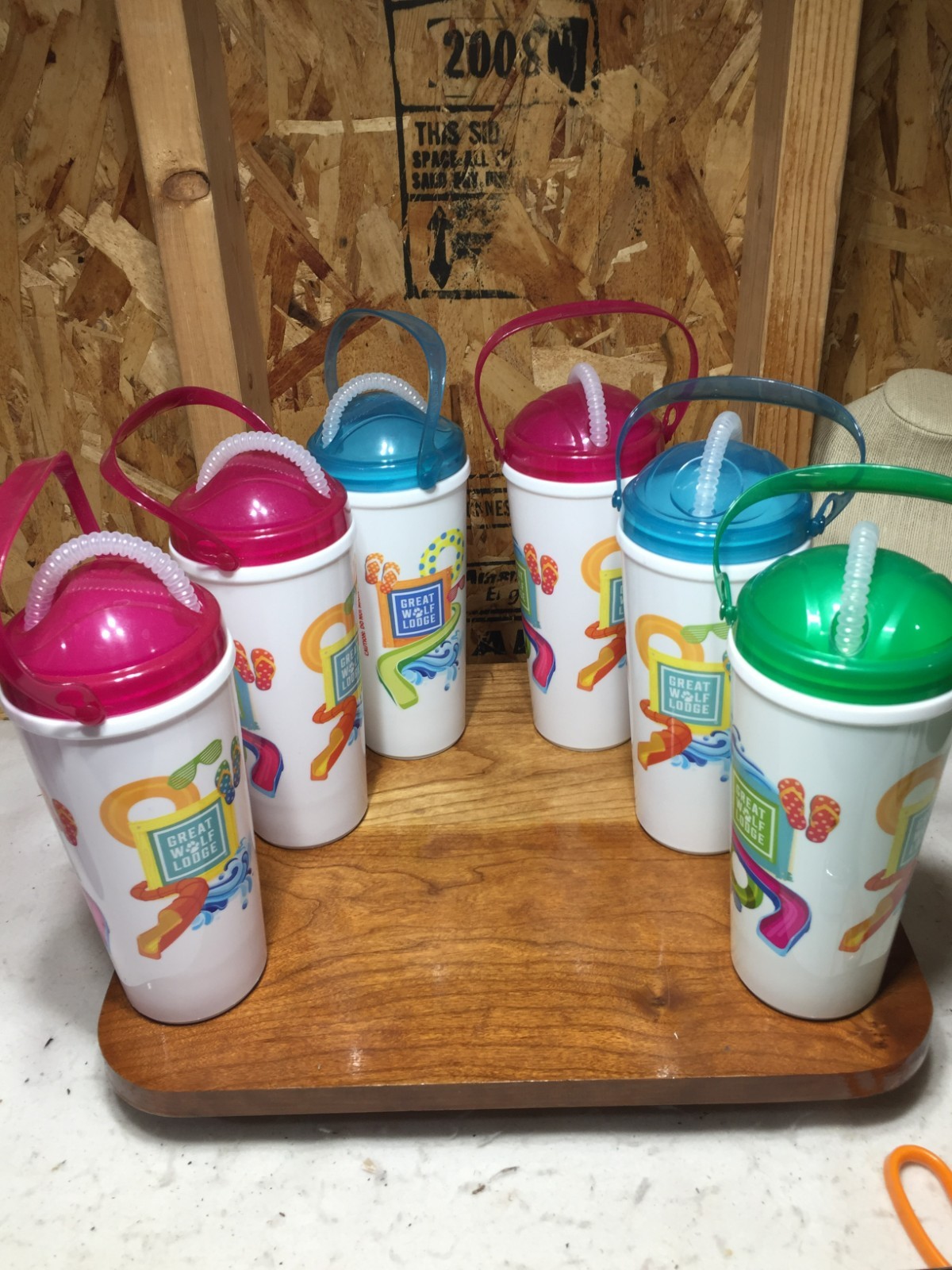 Six Great Wolf Lodge Souvenir Cups WITH REFILL STICKERS Sandals Donut Waterslide Six Great Wolf Lodge Souvenir Cups WITH REFILL STICKERS Sandals Donut Waterslide