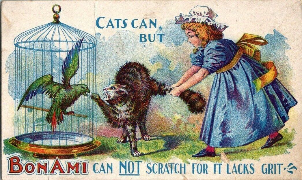 1880’s Victorian Trade Card Angry Cat Bird Cage Bonami Childs New York 