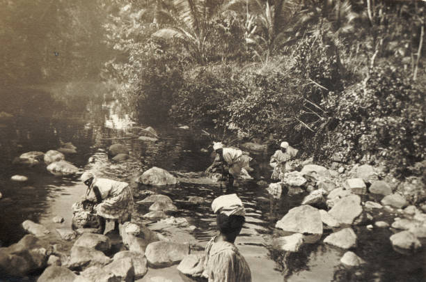Washing day - Tobago Trinidad and Tobago 1912 Old Photo Washing day - Tobago Trinidad and Tobago 1912 Old Photo