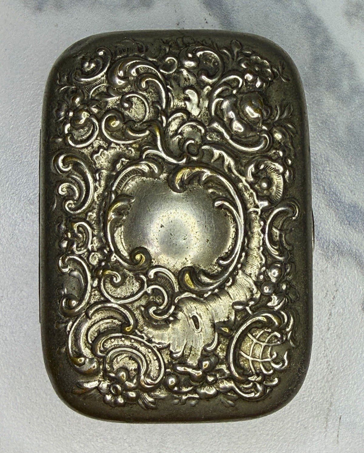 Antique Victorian Silver Tone Hinged Box Repousse Floral Vanity Soap Case