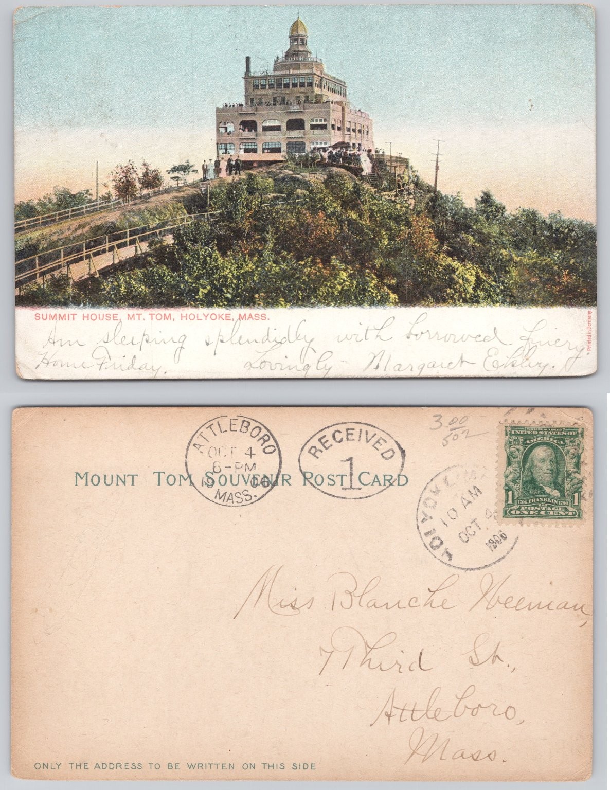 1906 Summit House Mt. Tom Holyoke Massachusetts Posted Postcard