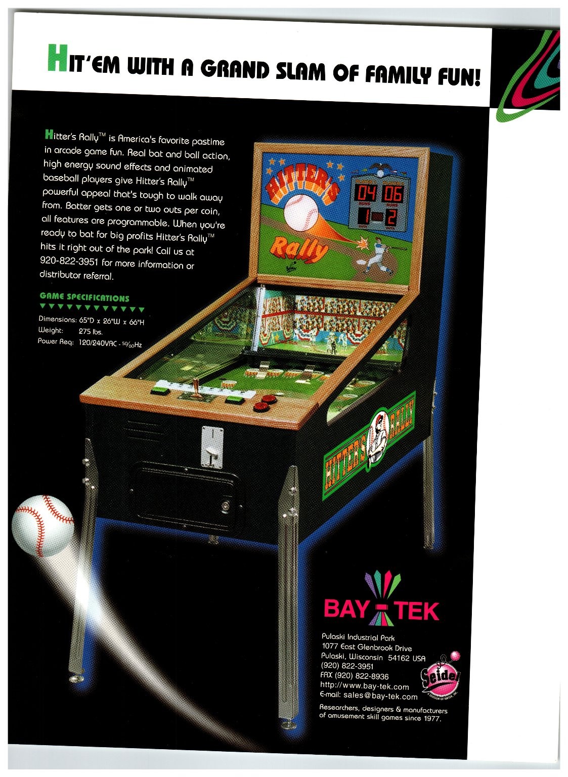 1996 Bay Tek Hitter\'s Rally Arcade Game Flyer Baseball Ephemera