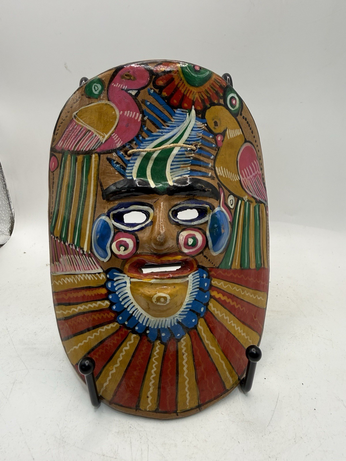 Vintage Mexican Folk Art Terracotta Clay Mask Hand Painted Birds Wall Decor 6” * Vintage Mexican Folk Art Terracotta Clay Mask Hand Painted Birds Wall Decor 6” *