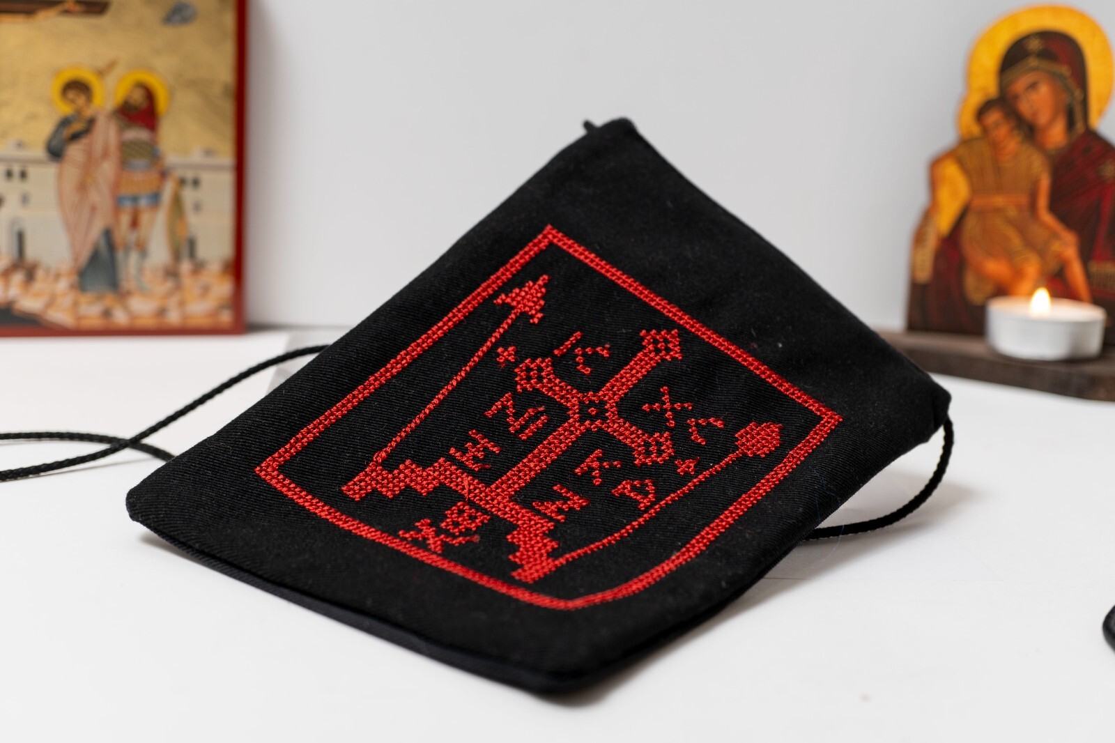Monastic Orthodox Christian Embroidered Neck Pouch Bag with ICXC NIKA Symbol. Monastic Orthodox Christian Embroidered Neck Pouch Bag with ICXC NIKA Symbol.
