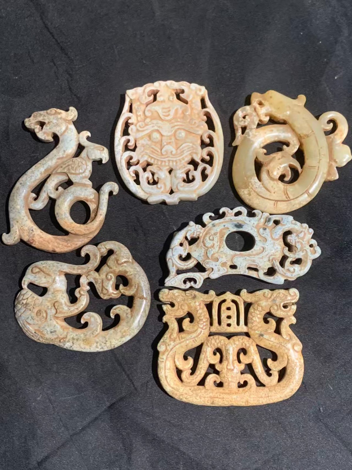 6Pcs Rare Chinese Old HeTian Jade Hand Carved 2Faces Pendants 6Pcs Rare Chinese Old HeTian Jade Hand Carved 2Faces Pendants