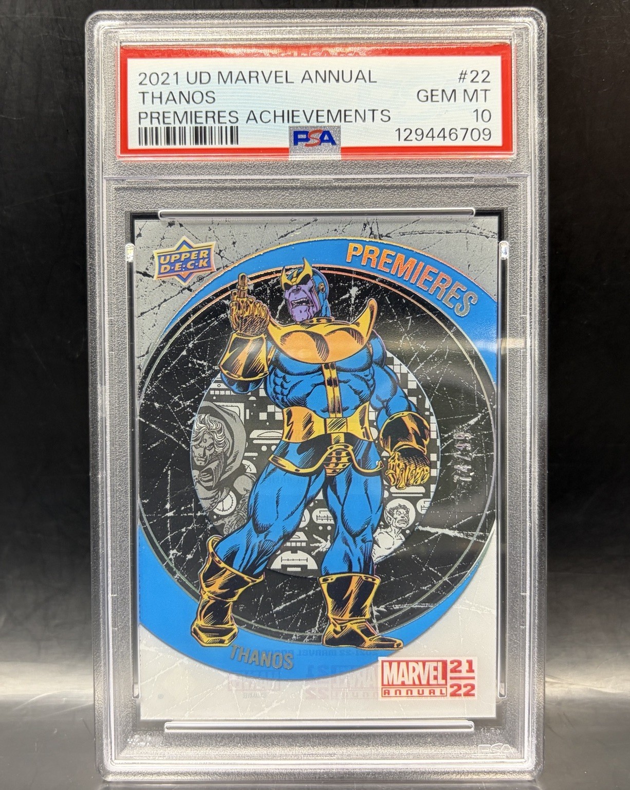 2021-22 Upper Deck Marvel Annual Premieres Achievements #22 THANOS /99 PSA 10 2021-22 Upper Deck Marvel Annual Premieres Achievements #22 THANOS /99 PSA 10