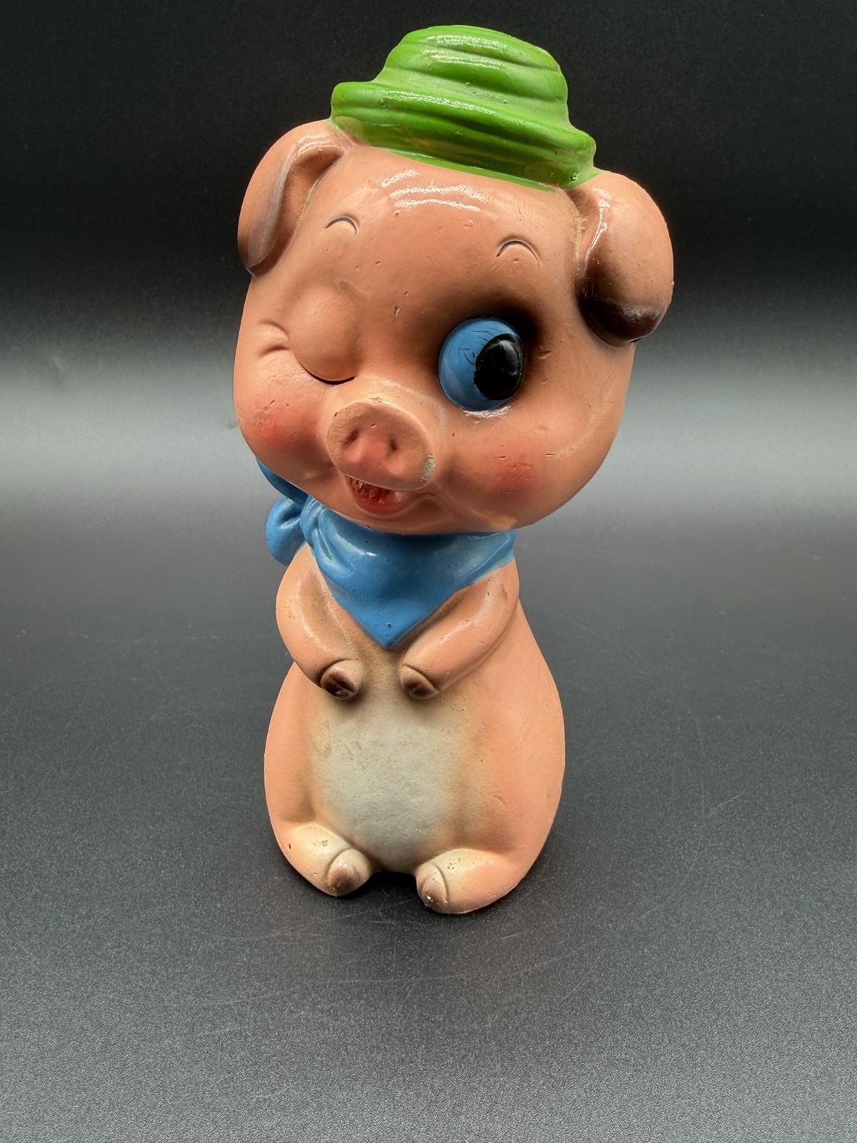 Vintage Winking Pig Piggy Bank Ceramic Chalkware Green Hat 6.5” Cute - Japan