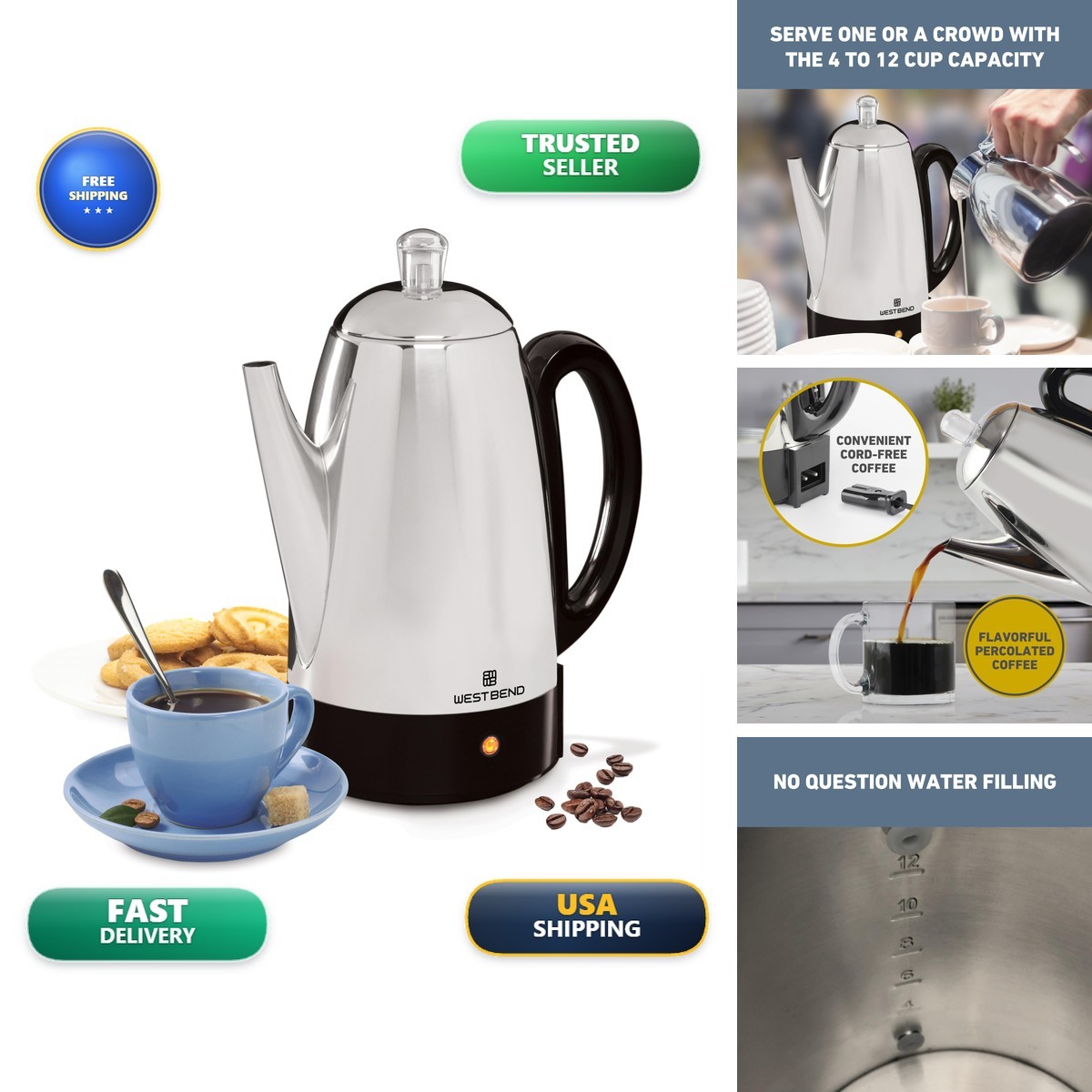 West Bend 54159 Electric Percolator Coffee Maker 12-Cup Silver