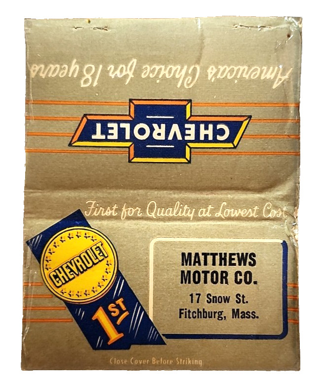 1940s Matthews Motor Chevrolet Dealer Vintage Matchbook Cover Fitchburg Mass