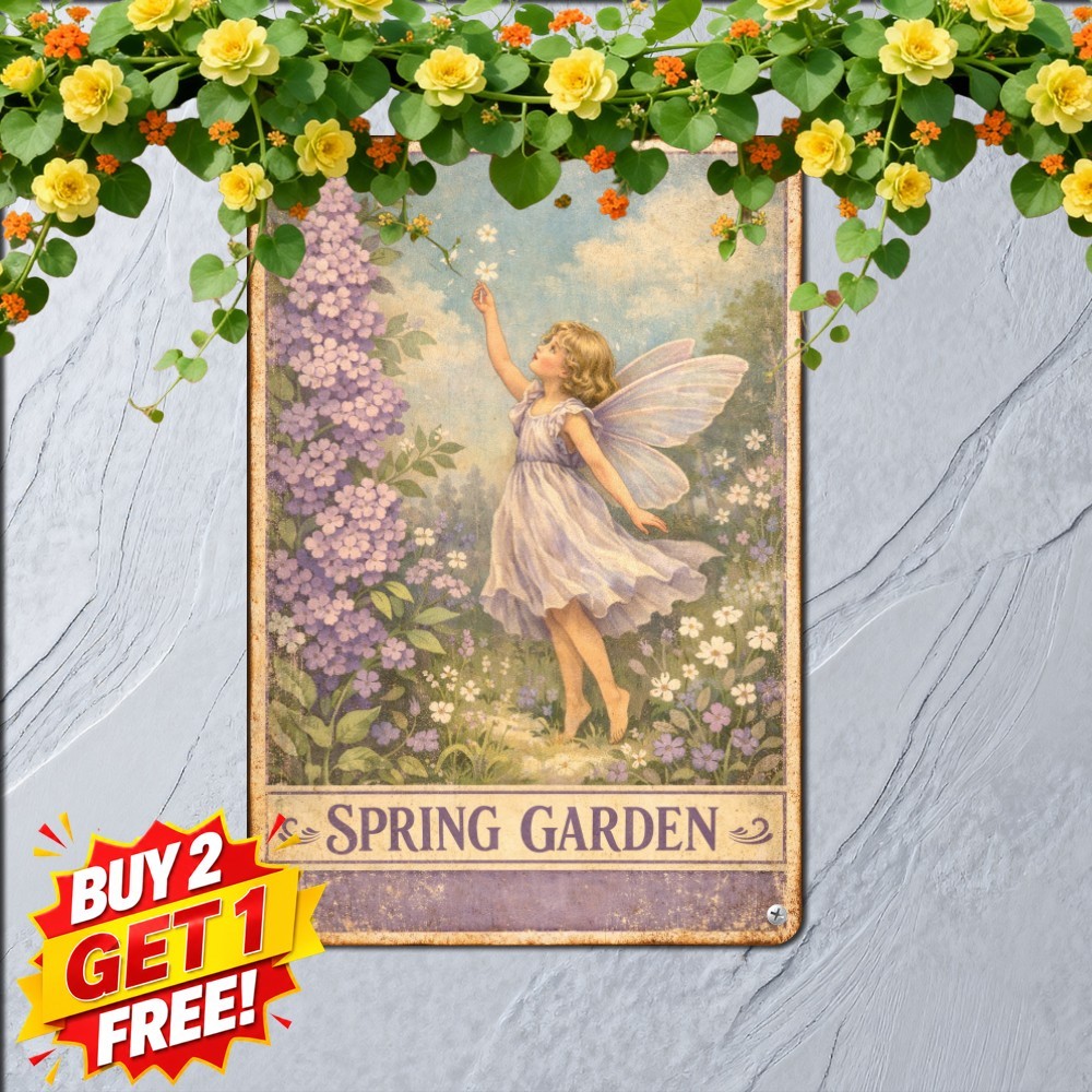 Lilac Fairy Maiden Botanical Floral Garden Plaque Metal Tin Sign 8x12