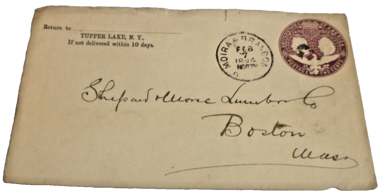 1894 NEW YORK CENTRAL NYC MOIRA & BRANDO RPO HANDLED ENVELOPE FRONT TUPPER LAKE