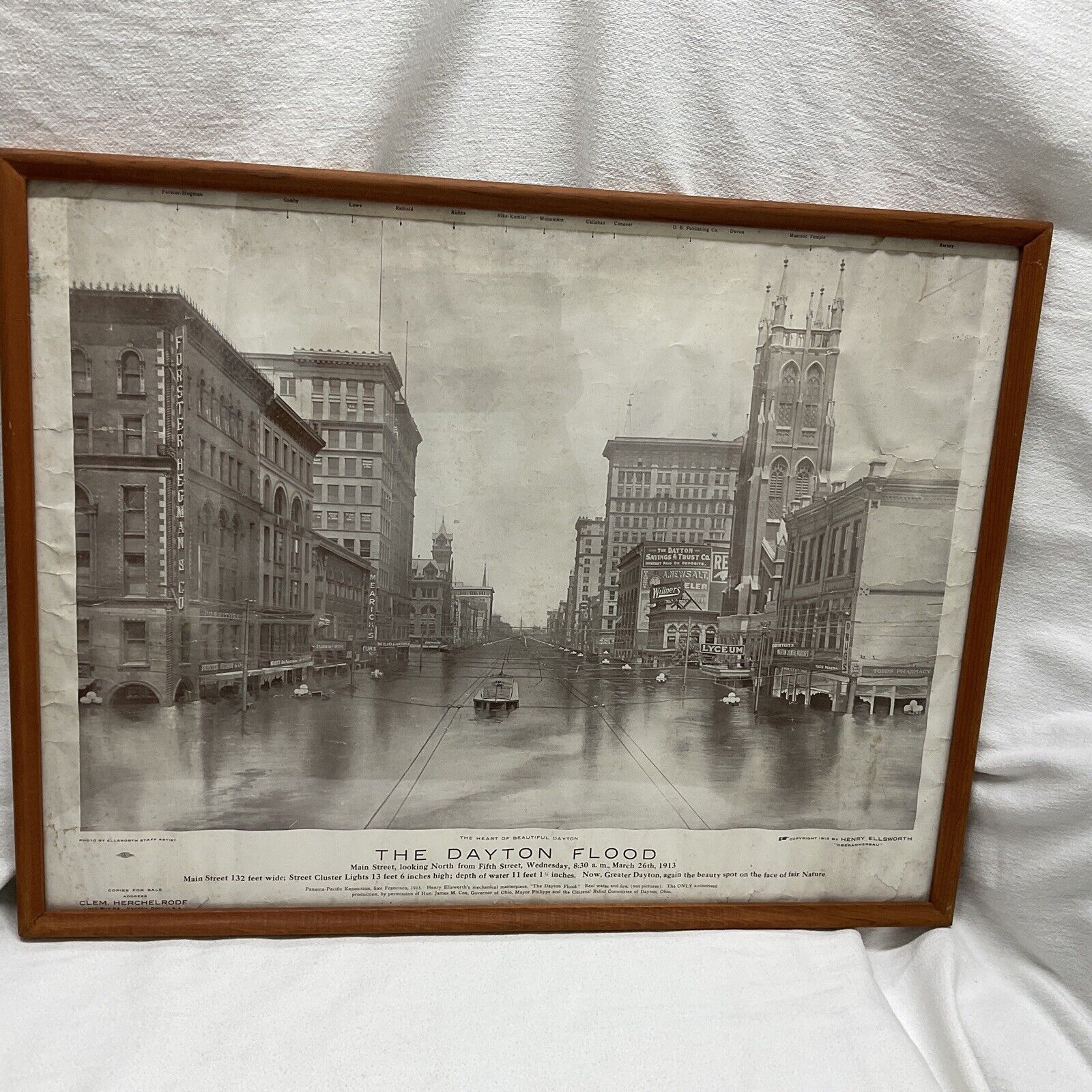 The Dayton Flood B&W Lithograph Henry Ellsworth 1913 Disaster Ohio Framed