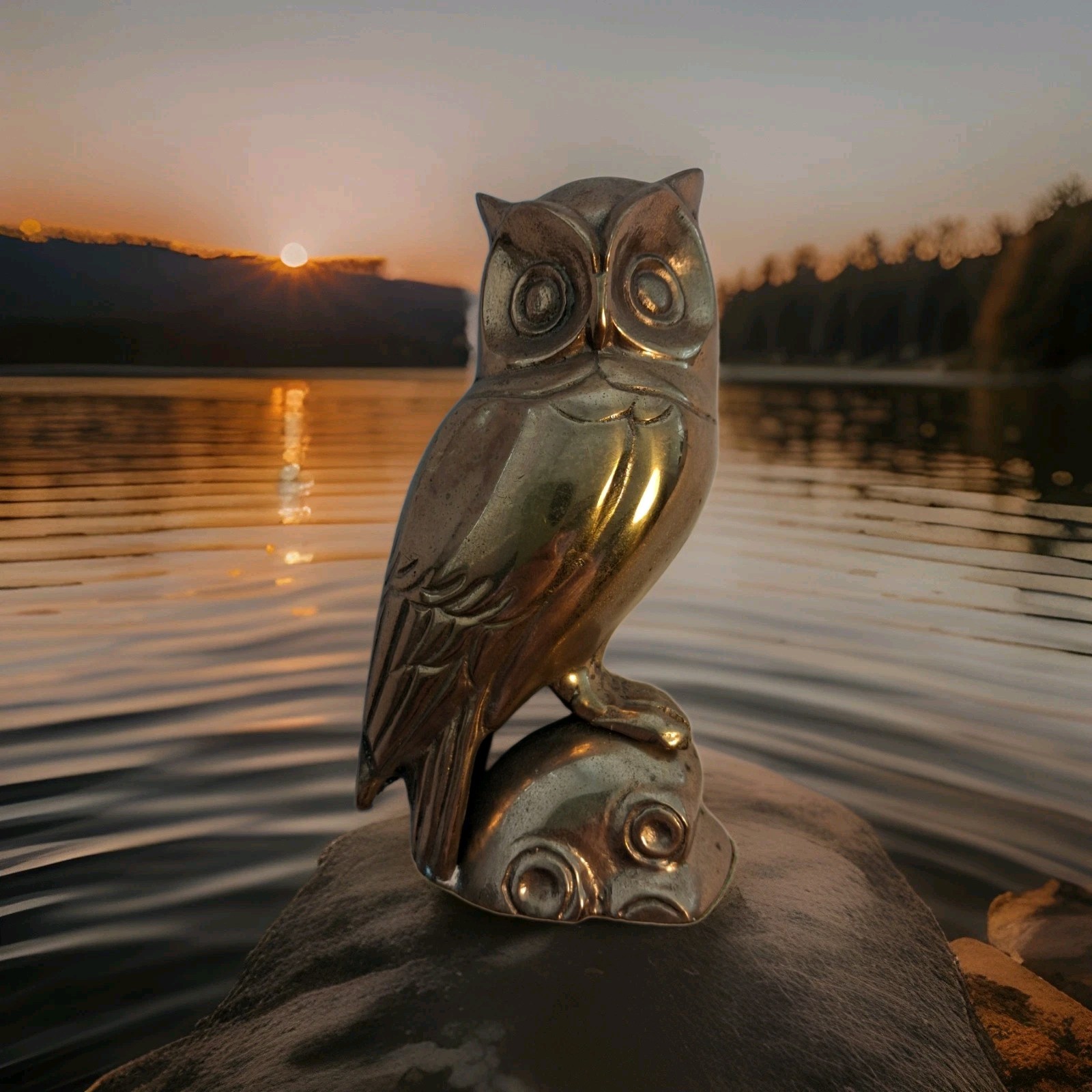 Vintage Brass Owl Perched On Branch Collectable Statue Figure 6.5 Inch Tall